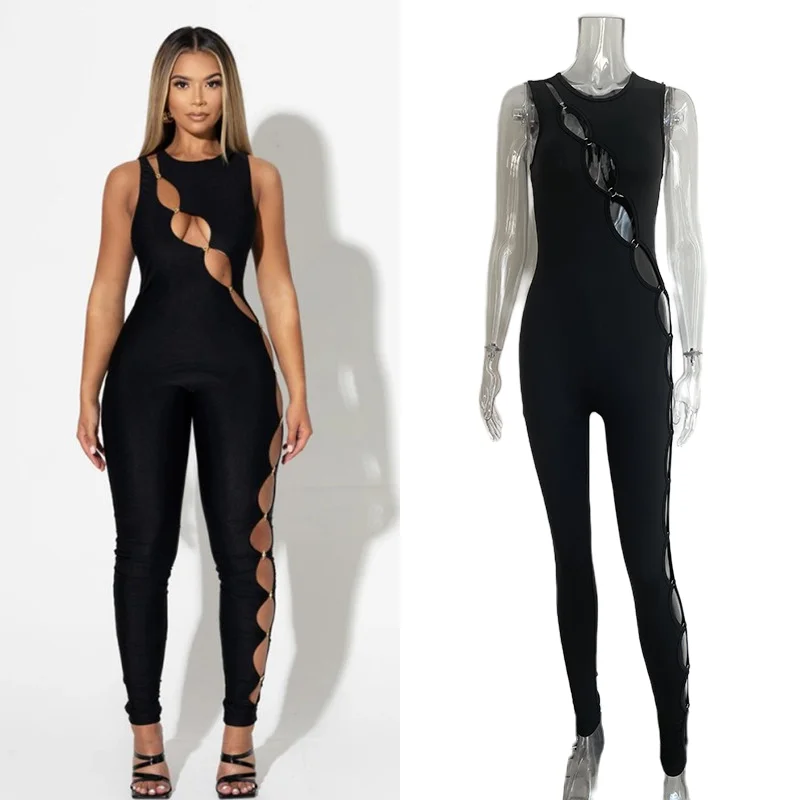 

Summer O-Neck Jumpsuit For Women New Arrivals Ladies Hollow Out Black Sexy Bodycon Pants Elegant Playsuit Bodysuits