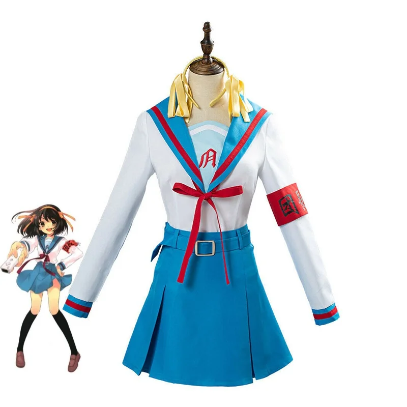 

Anime The Melancholy of Haruhi Suzumiya Cosplay Costume Woman Sailor Suit School Uniform Top Skirt Headwear Set Halloween Party