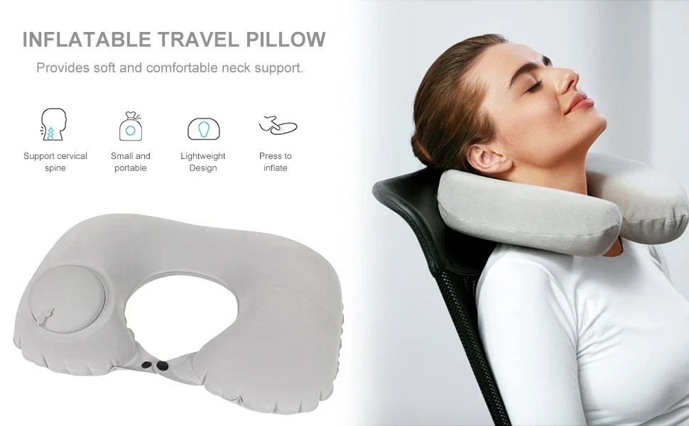 1pc U-Shaped Inflatable Travel Neck Pillow with Press-to-Inflate