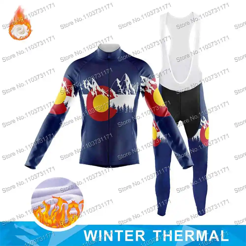 Winter Fleece Colorado Flag Cycling Jersey Set Colorado Mountain Clothing Road Bike Shirts Suit Bicycle Bib Pant MTB Maillot