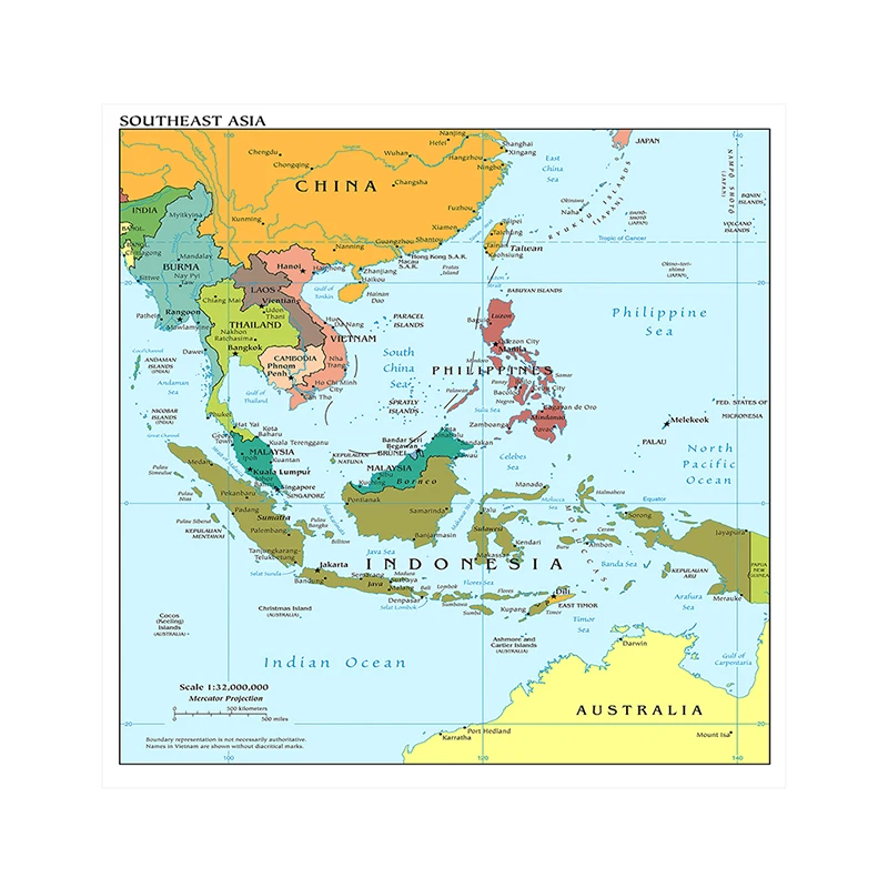 90*90cm The Southeast Asia Map In English Non-woven Canvas Painting Unframed Poster Home Decoration School Classroom Supplies