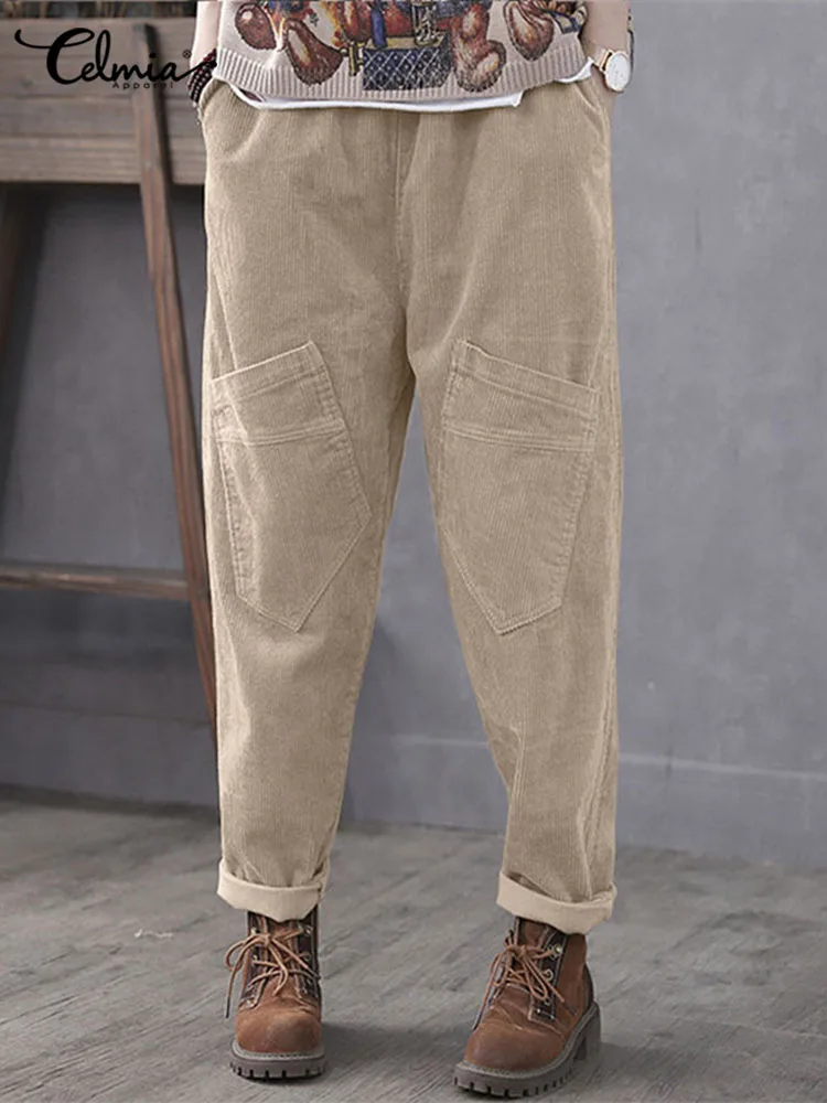 

ZANZEA Autumn Corduroy Pants Vintage Elastic Waist Harem Pants Female Solid Pantalon Causal Loose Casual Trousers Women Turnip