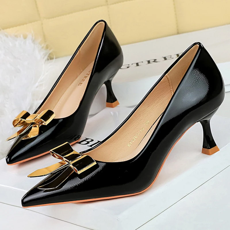 BIGTREE Shoes Metal Bowknot Women Pumps patent leather Kitten high