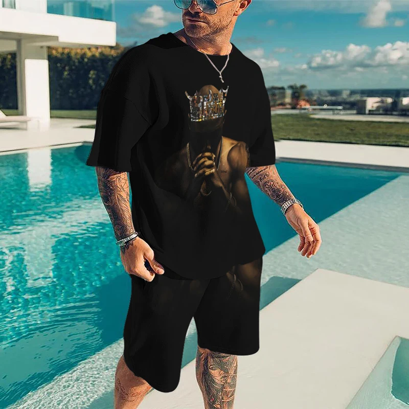 2023 Rap Singer 2pac Trendy Men T Shirt Set 3D Print Tupac Hip Hop Streetwear Oversize O-Neck Short Sleeve Tshirts Fashion Cloth 3