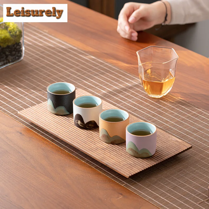 4pc/set Handdrawn Mountain Tea Cup Japanese Coarse Pottery Master Cup Meditation Cup Chazhan Set of Cups Water Jug Gift Box Set
