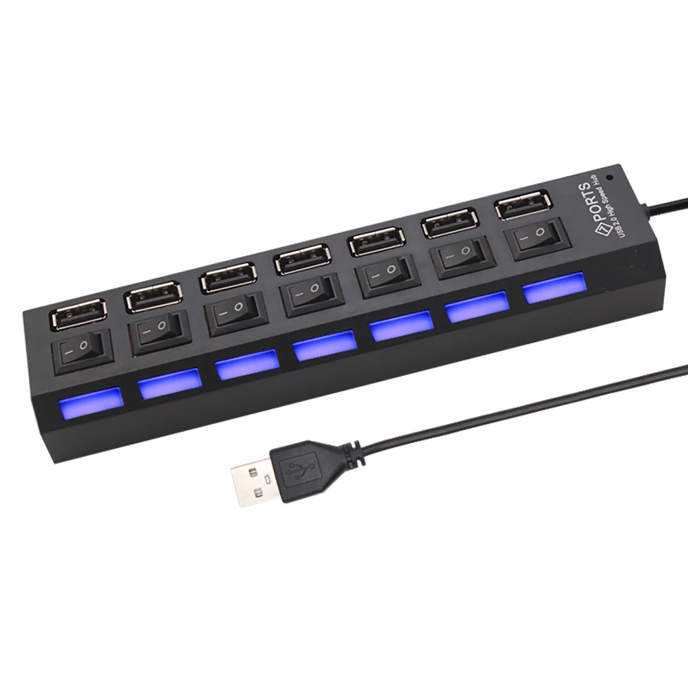 USB 2.0 Hub USB Hub 2.0 Multi USB Splitter Hub Use Power Adapter 7 Port Multiple Expander 2.0 USB Hub with ON/OFF Switch, for PC