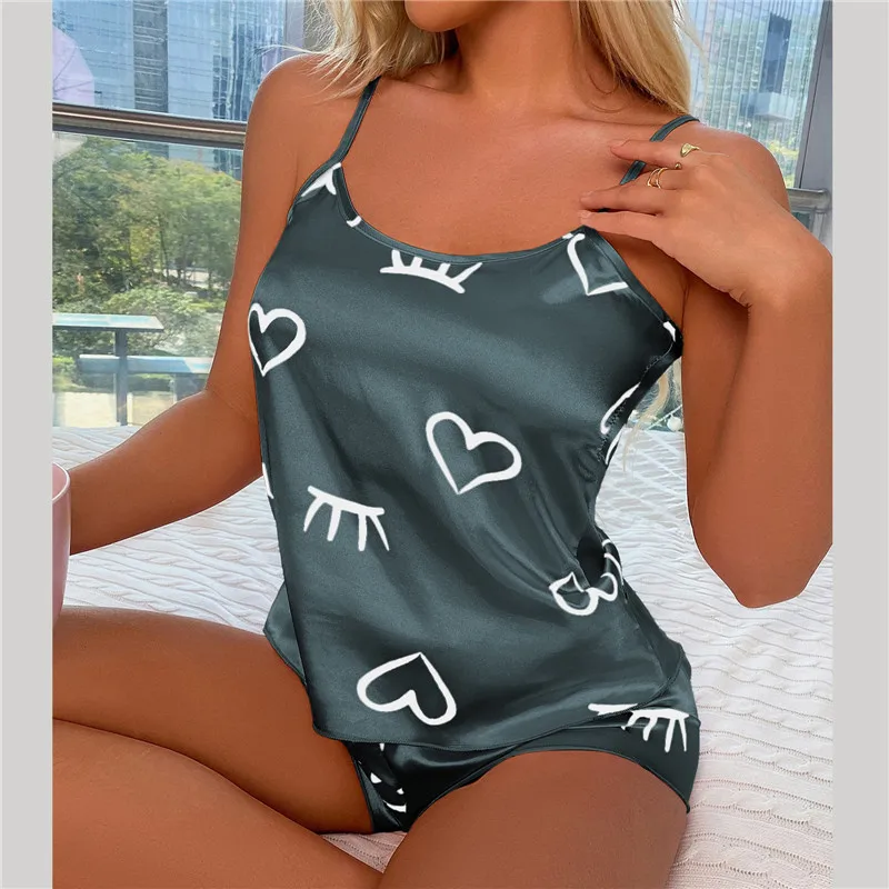 

2Pcs Sexy Heart Print Pajama Set Women'S Sleepwear Pyjamas Silk Satin Cami Top And Shorts Pajamas Summer Pajamas Home Underwear