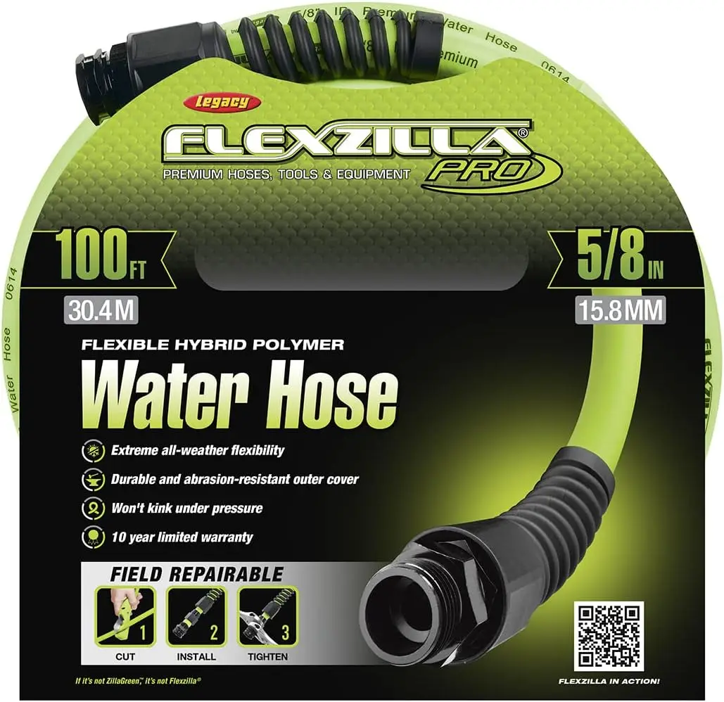 Water Hose with Reusable Fittings, 5/8 in. x 100 ft., Heavy Duty, Lightweight, Drinking Water Safe