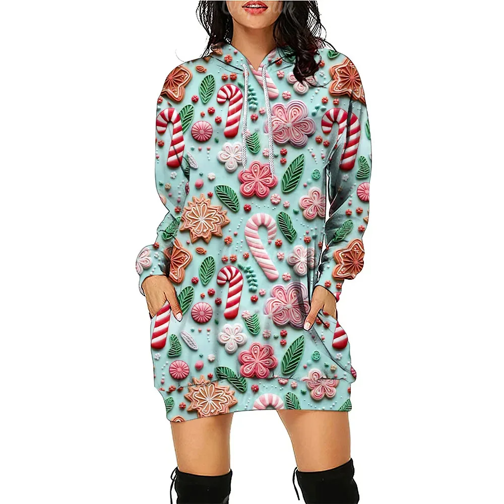 thumbnail image 1 of Vestido tipo jersey con capucha y elementos navideños divertidos con estampado digital 3D de Navidad para otoño, 1 of 5