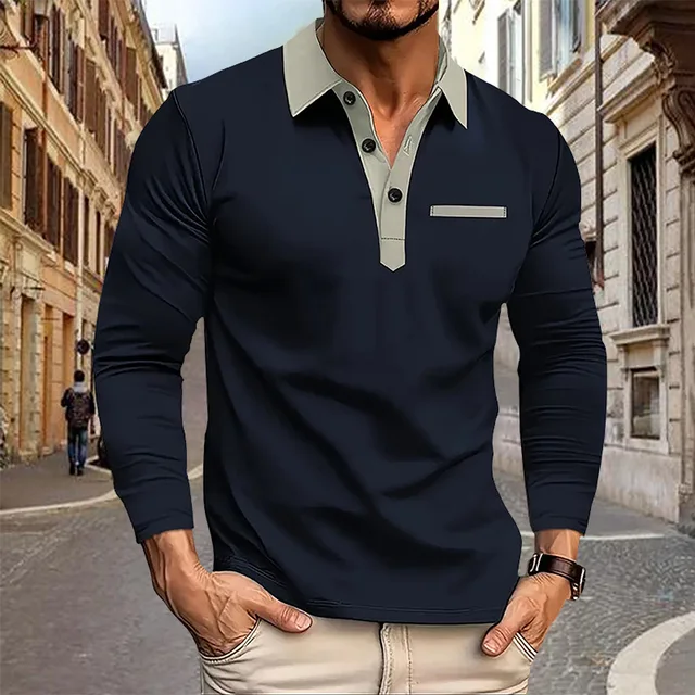 Spring and Autumn Men's Long sleeved Polo Shirt business casual Fashion Classic lapel neck Shirt European and American plus size 1