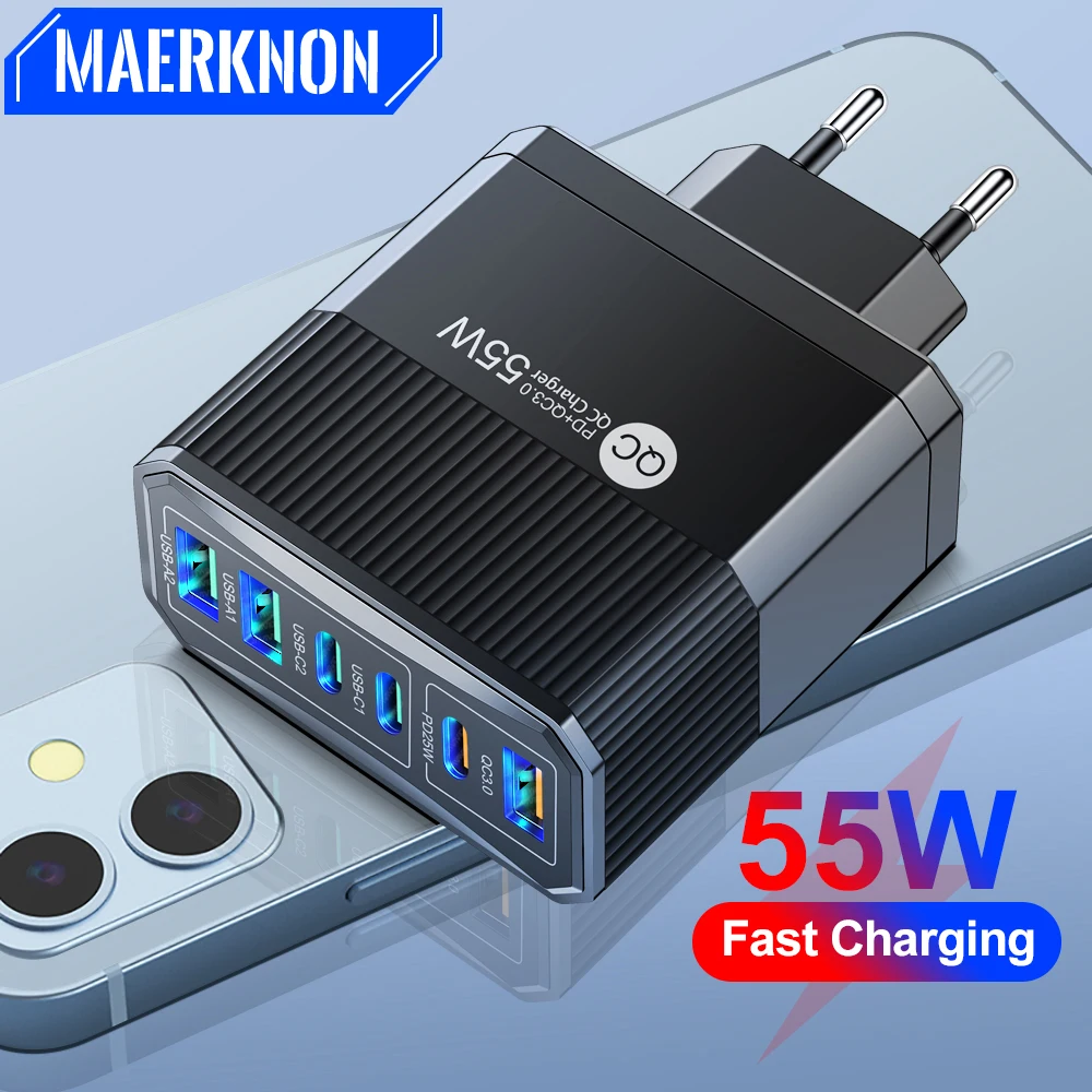 

USB Phone Charger 55W Fast Charging PD Type C Charger Quick Charge QC3.0 EU/US/UK/KR Plug Wall Charger For iPhone Samsung Xiaomi