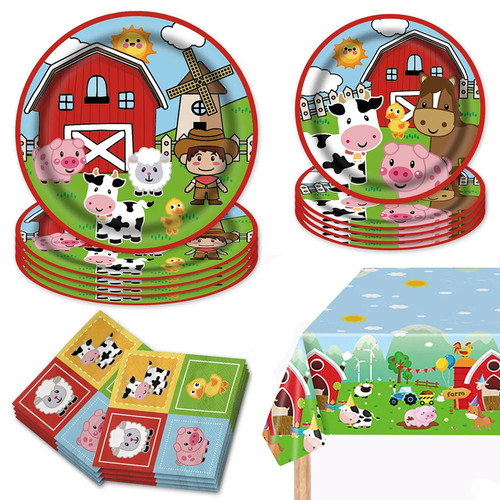 

65 Pcs Barnyard Farm Animals Theme Party Supplies Barn Tablecloth Dinner Plates Dessert Cups Napkins Baby Shower Farmhouse Decor