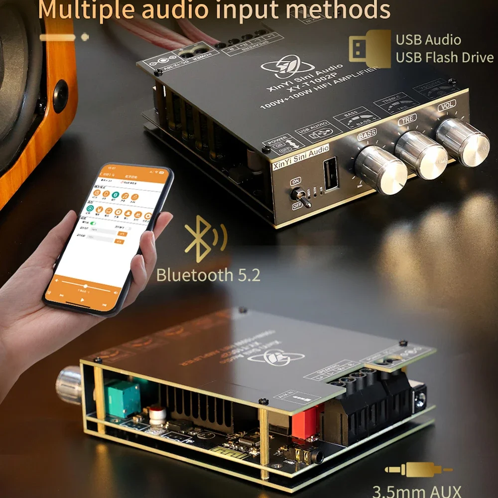 2*100W TPA3221 Bluetooth 5.2 Power Amplifier Board Class D USB AUX Sound Card Home Theater Audio Stereo Equalizer Amp 5