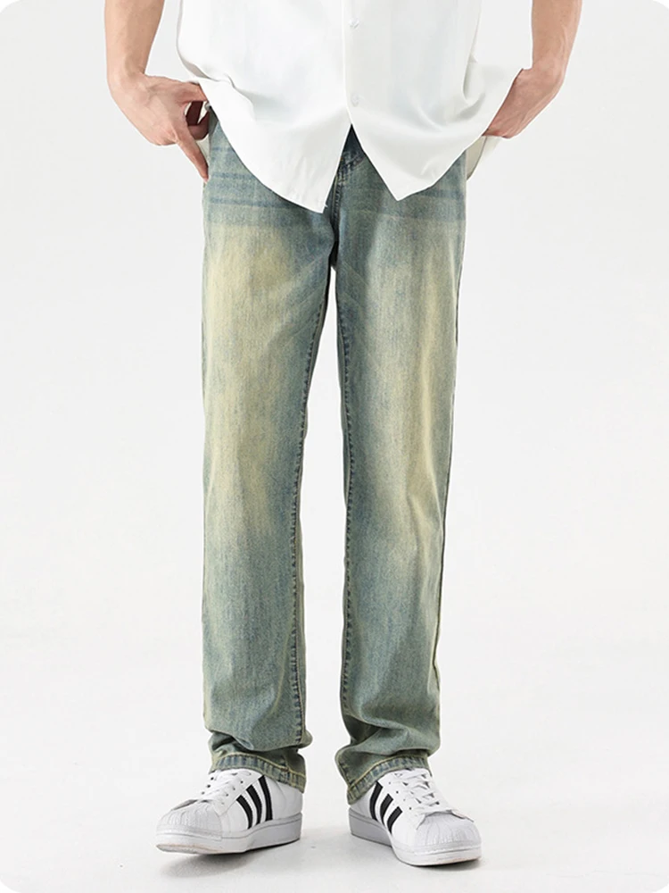 

YIHANKE Washing Blue Elastic Trousers Men's Trend and Loose Wild Men's Straight Jeans Trousers Baggy Jeans Y2k Pants
