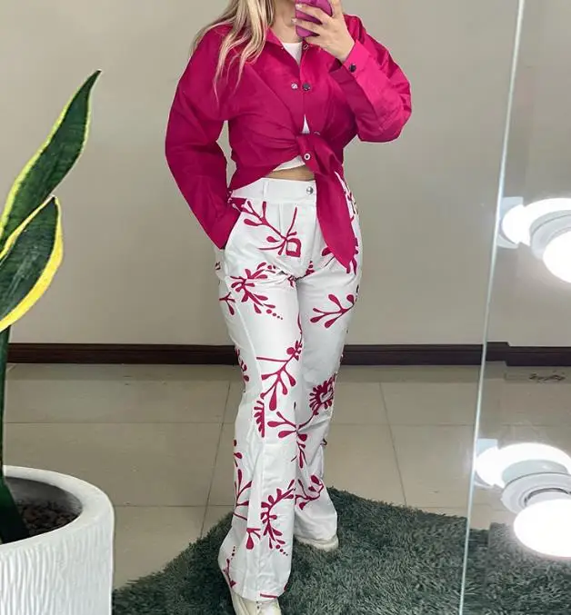 

Women Casual Homewear Two Piece Set 2023 Autumn New Long Sleeve Polo Shirt Print High Waist Pocket Pant Set Elegant Commuting