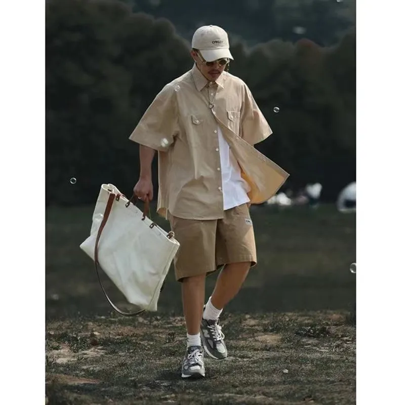 

2022 Summer Men's New Work Clothes Short Sleeved Shirt Fashion Trend Half Sleeved Casual Japanese Vintage White/khaki Shirt