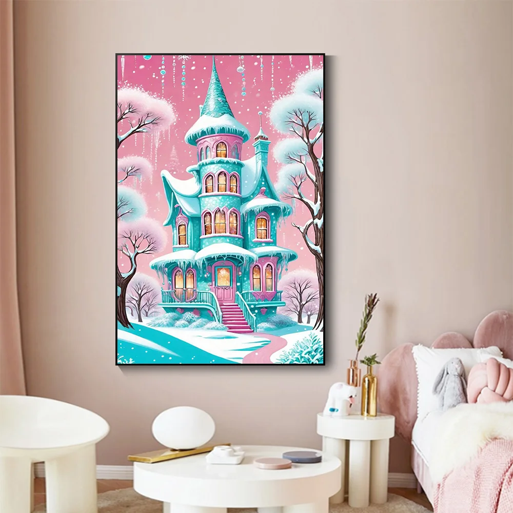5D DIY 다이아몬드 페인팅 겨울 풍경 핑크 성 및 집 전체 라운드 다이아몬드 모자이크 자수 크로스 스티치 키트, 홈 장식