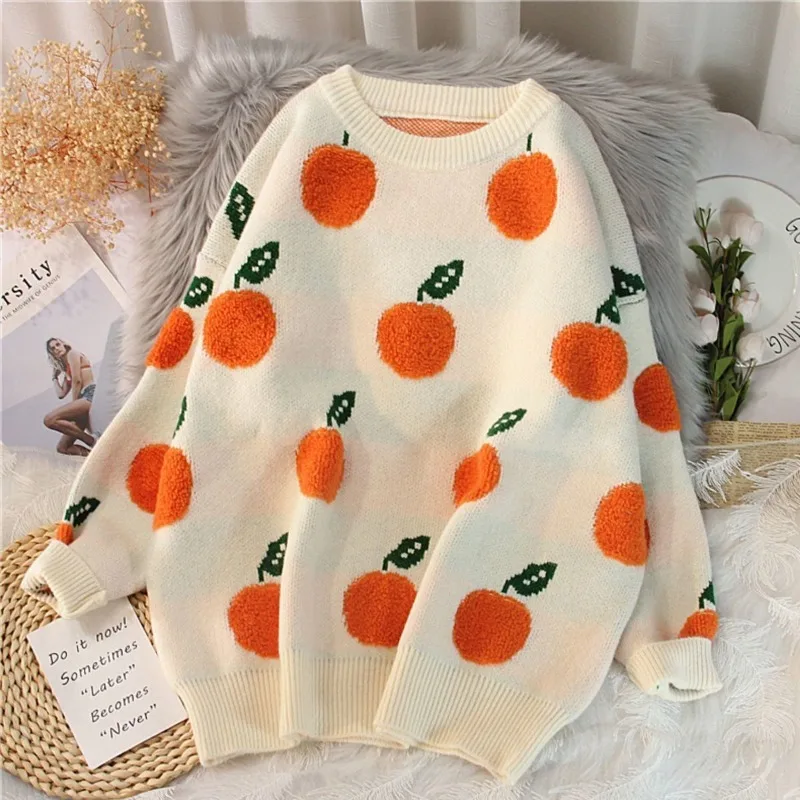 DAYIFUN Women Orange Embroidery Sweater Contrast Color Long Sleeve