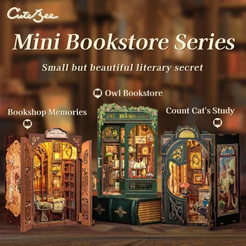 CUTEBEE DIY Book Nook Kit Miniature Dollhouse with Light Wooden Bookshelf Insert Retro Booknook Decor for Gifts Bookshop Series 2