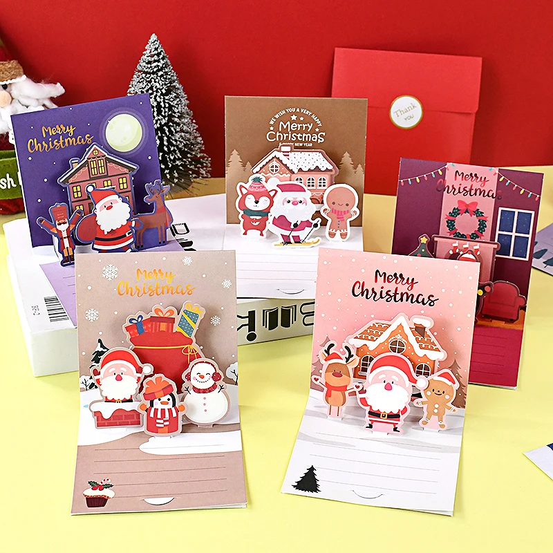 1set Merry Christmas Greeting Cards Handmade 3D Cards Thank You Invitation Christmas Pop-Up New Year Noel Decor