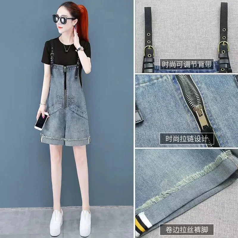 Korean Jumpsuit Shorts For Women Summer Loose Wide Leg Short Overalls Jeans Casual Zipper Pockets Denim Rompers Female Playsuits