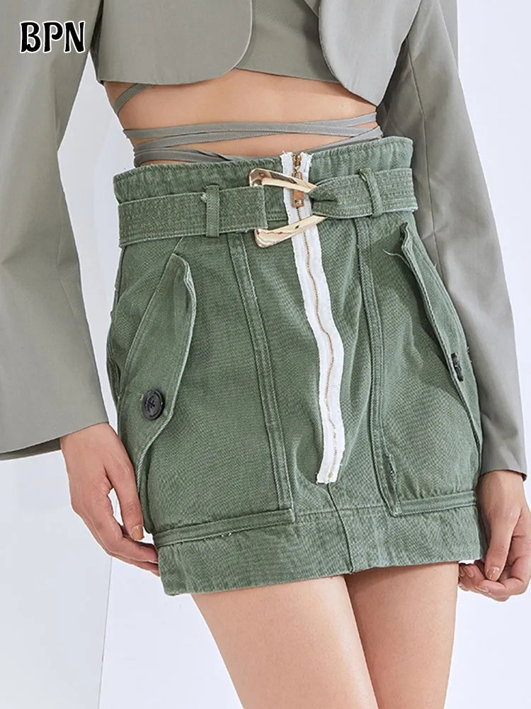 BPN Streetwear Patchwork Pockets Hit Color Denim Skirt For Women High Waist Spliced Belt A Line Mini Skirts Female Fashion Style new summer blue vintage jeans women pockets korean style fashion denim pants female high waist designer casual pants