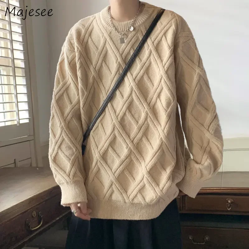 

M-5XL Sweater Men Knitted Pullovers Winter Thick Knitwear Autumn Vintage Argyle Pure Color Loose Oversize Clothing Fashion Male