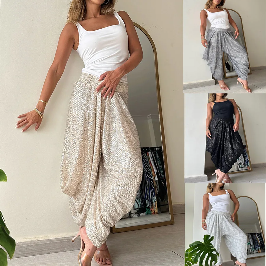 New Casual Pants for Spring/Summer 2024 Party Loose Sequin Pants INS Casual Elasticated Waist Casual Bloomers Y2k Pants