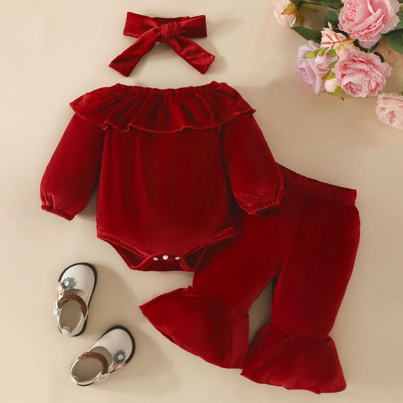 

Baby Girls Christmas Outfits Solid Color Doll Collar Long Sleeve Velvet Rompers Flare Pants Headband 3Pcs Fall Clothes Sets