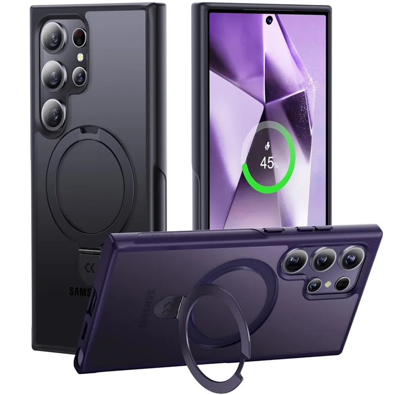 Metal Ring Stand Matte Magnetic Case with Lens Protector