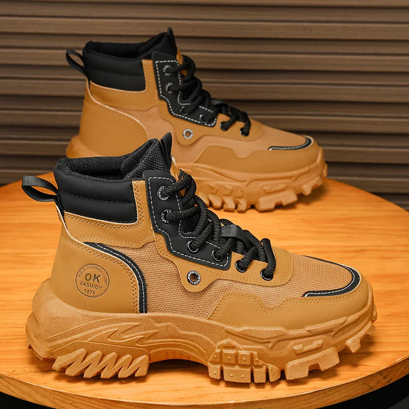 Mens Boots Leather Shoes Platform Boots for Men Outdoor Sneakers Motorcycle Ankle Boots Male Work Boot Casual Hiking Shoes - 5