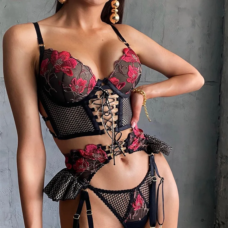 

Floral Embroidered Strappy Ruffle Shaping Women's Sexy Hollow Out Lingerie Set Three Point Push Up Bra with Garter Belt