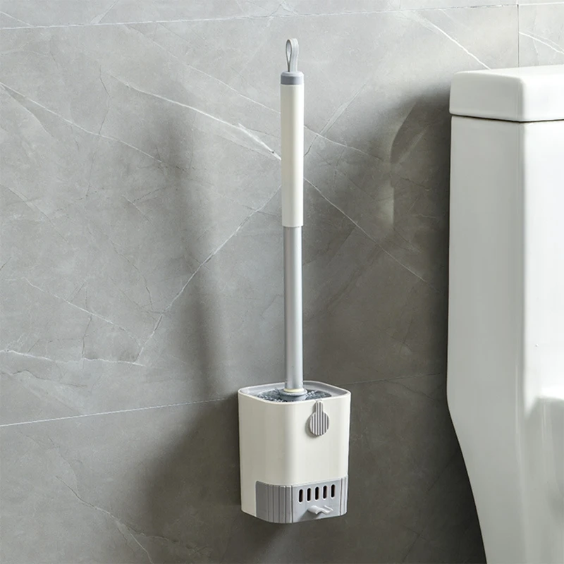 Toilet Brush Set Punch-Free Wall Mounted Toilet Brush With Drainable Base Long Handle Plastic Bathroom Accessories