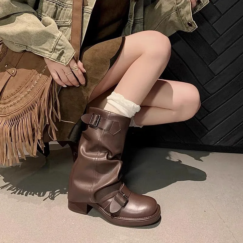 

2024Pleated Buckle Knight Boots for Women Autumn Brown PU Leather Mid Calf Boots Woman Slip-On Thick Heel Riding Botas Mujer