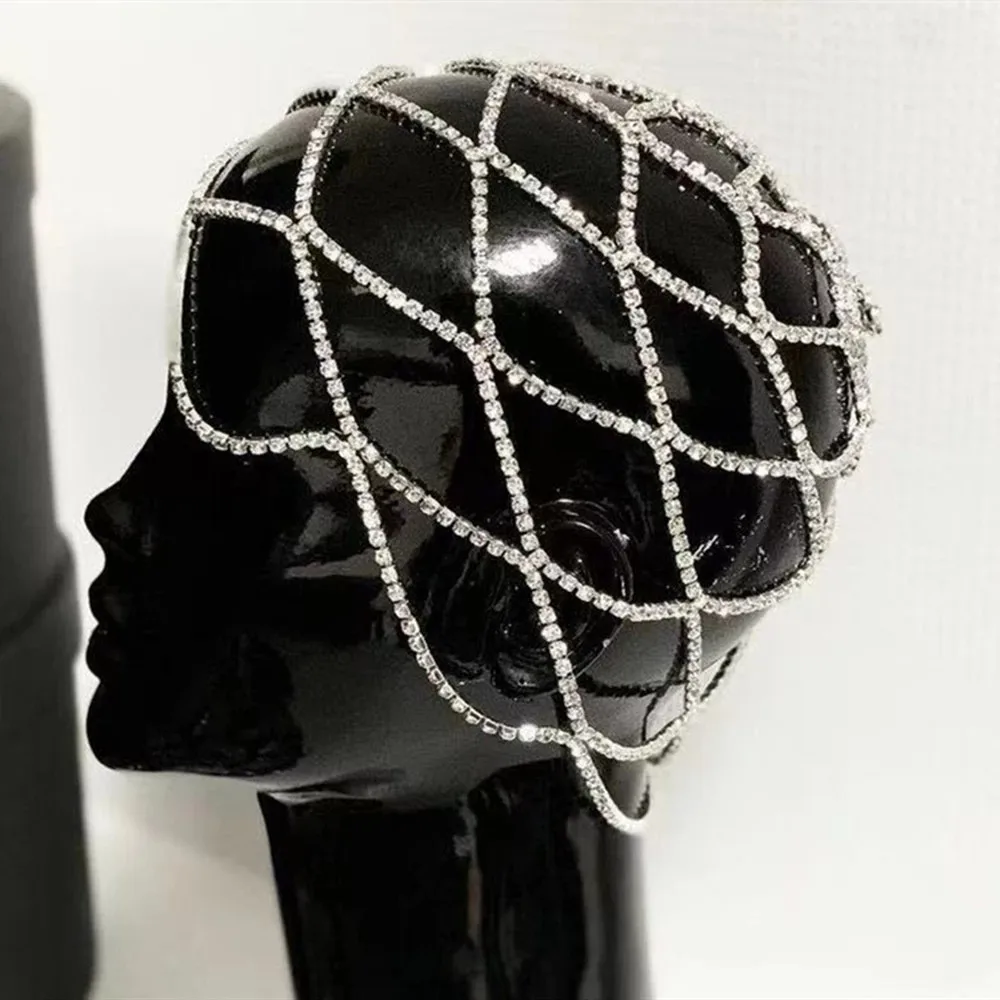 Shiny Rhinestone Multi-layers Cover Head Cap Hat Head Chain Wedding Jewelry for Women Crystal Mesh Headband Headpiece Headwear