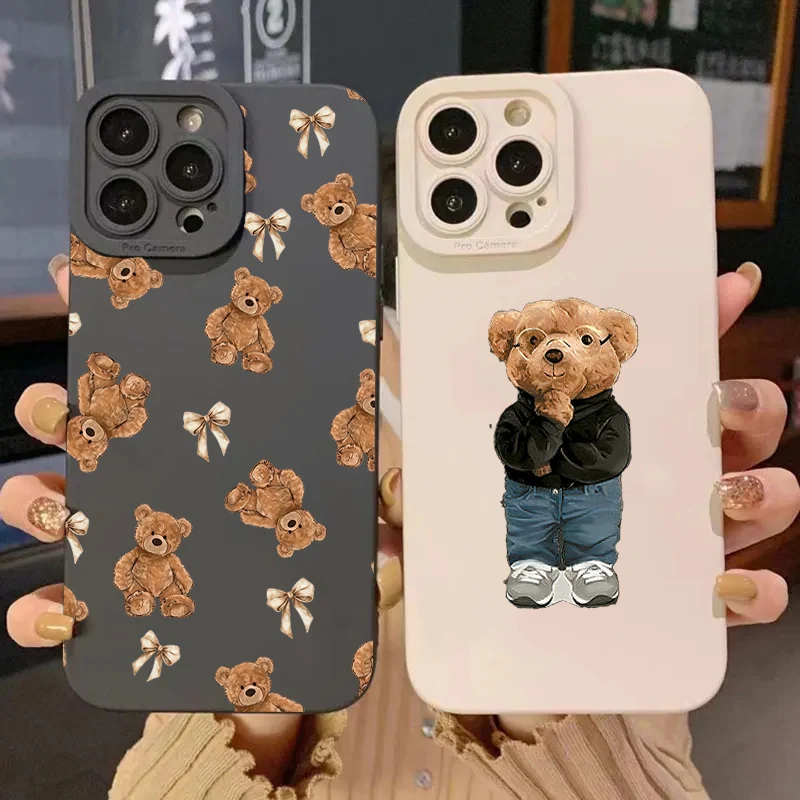 Niedliche Schleifenbär-Silikon-Handyhülle für iPhone 11 12 13 14 15 16 17 Pro Max 17 Air 16E XS X XR 7 8 Plus Stoßfeste Weiche Schutzhülle