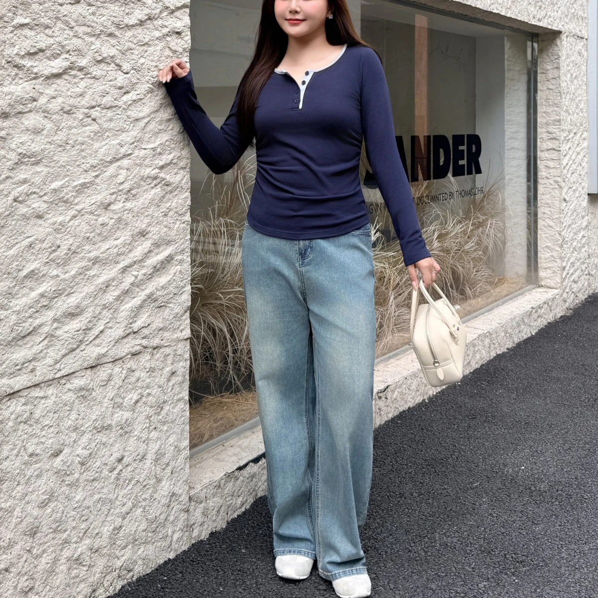 XXXXL Fashion Plus Size Women T-Shirt Premium Faux Cashmere Color Contrast half-open Collar Base Long Sleeved Tops 9418