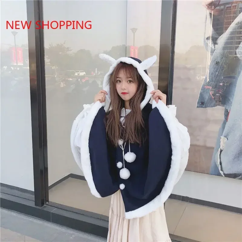 Japonský anime děvče podzim zima roztomilá sladké králík ucho kawaii vyšívané pelerína zahuštěný kabát lolita plášť králíci loli topy
