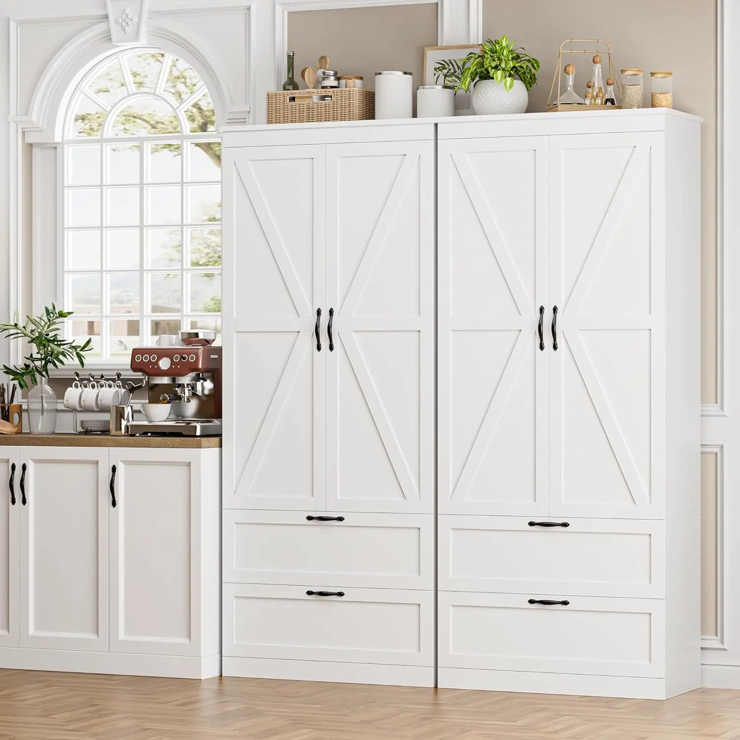 70" Tall Kitchen Pantry Storage Cabinet, Barn Doors Pantry Cabinet with Drawers and Adjustable Shelf 4