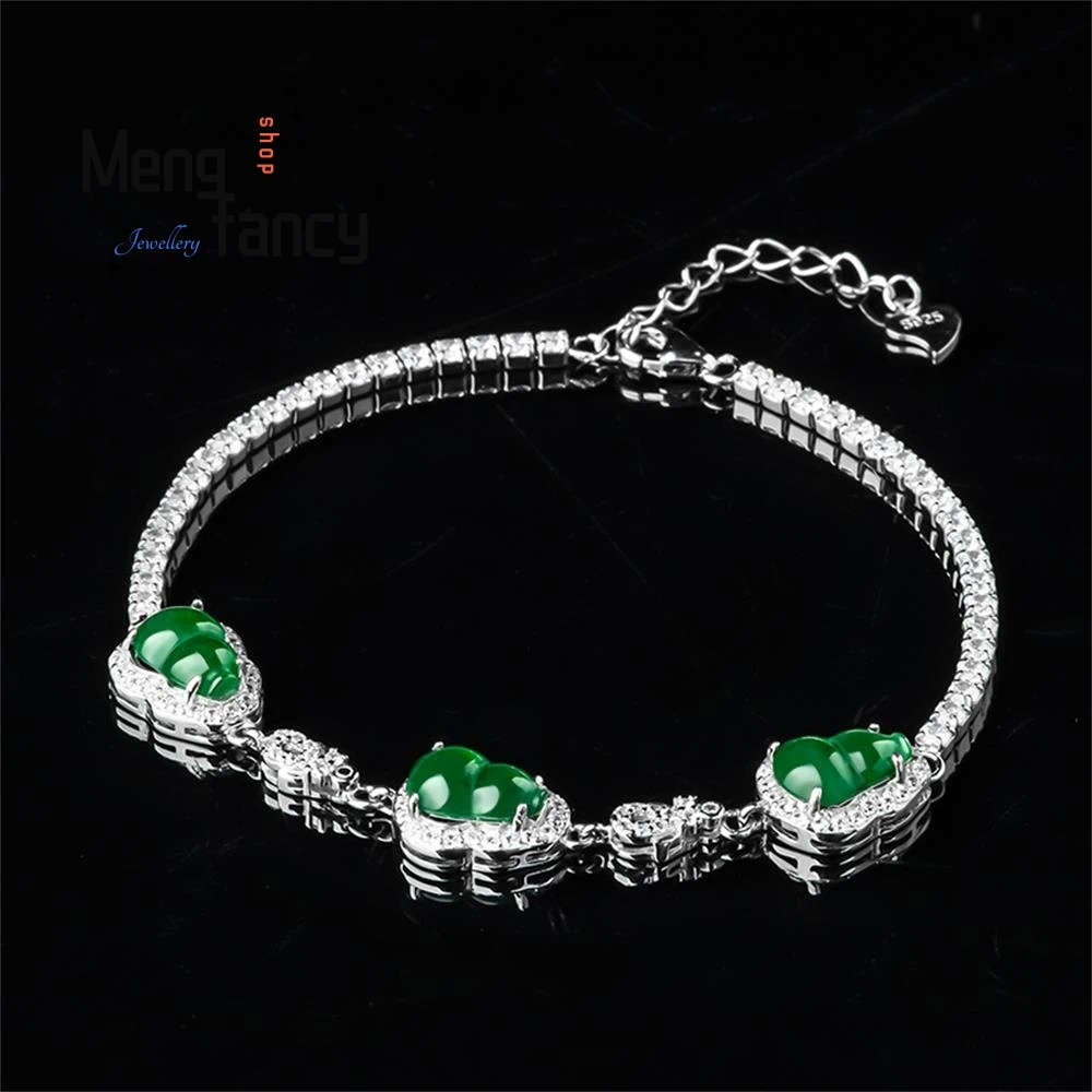 Natural A-Goods Giadeite Yang Green Gourd S925 Bracciale In Argento Intarsiato Di Giada Ghiacciata Squisita Moda Di Lusso Fine Jewelry Regalo Di Festa