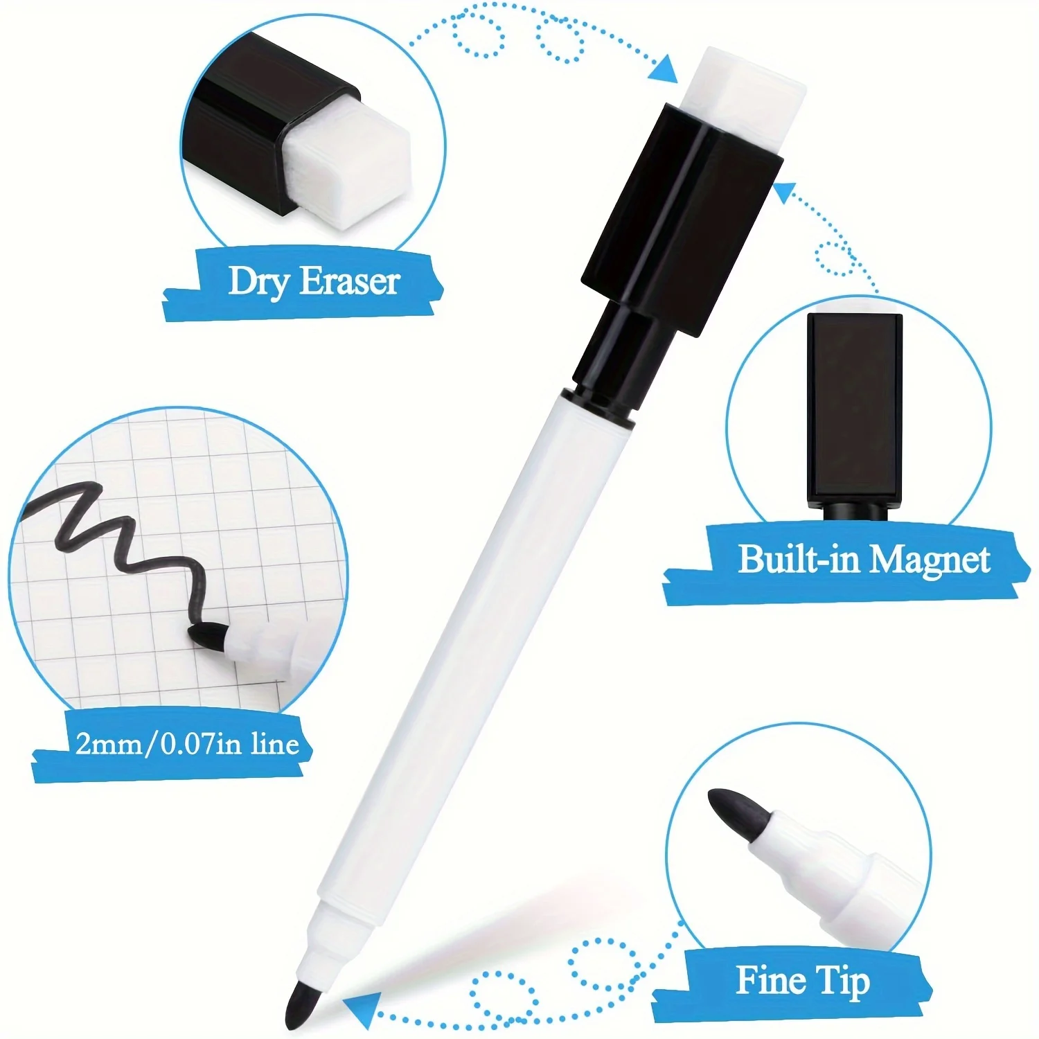 25pcs Black Dry Erase Markers with Eraser Caps-Mini Whiteboard Pens for School, Office & Home Use, Utility Hooks