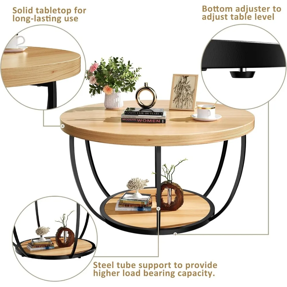 31.5" Round Coffee Table,  2-Tier Coffee Tables for Living Room,  Small Wood Coffee Table with Storage 5