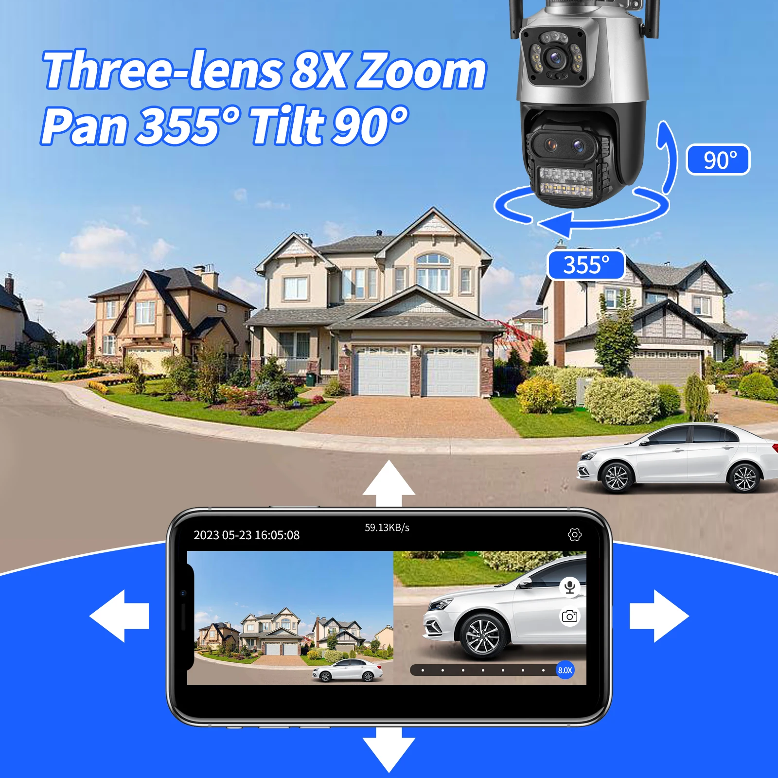 12MP 8MP WiFi Camera PTZ Protection Outdoor Three Lens Dual Screen 8X Zoom Security 4K Video Surveillance iCSee Bluetooth Alexa security camera