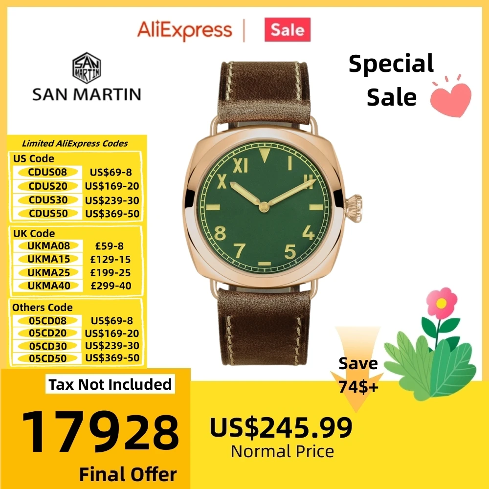 

Часы San Martin Мужские механические, бронзовые, водостойкие, 200 м