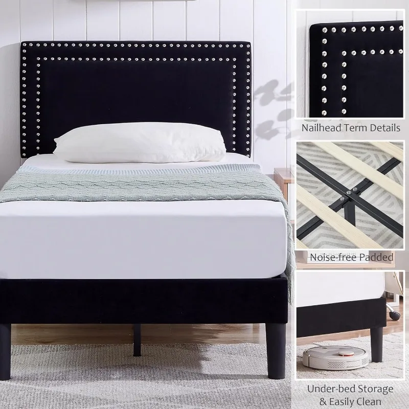 Double size platform bed frame adjustable cushioned headboard, sturdy wooden strip support, easy to assemble 3