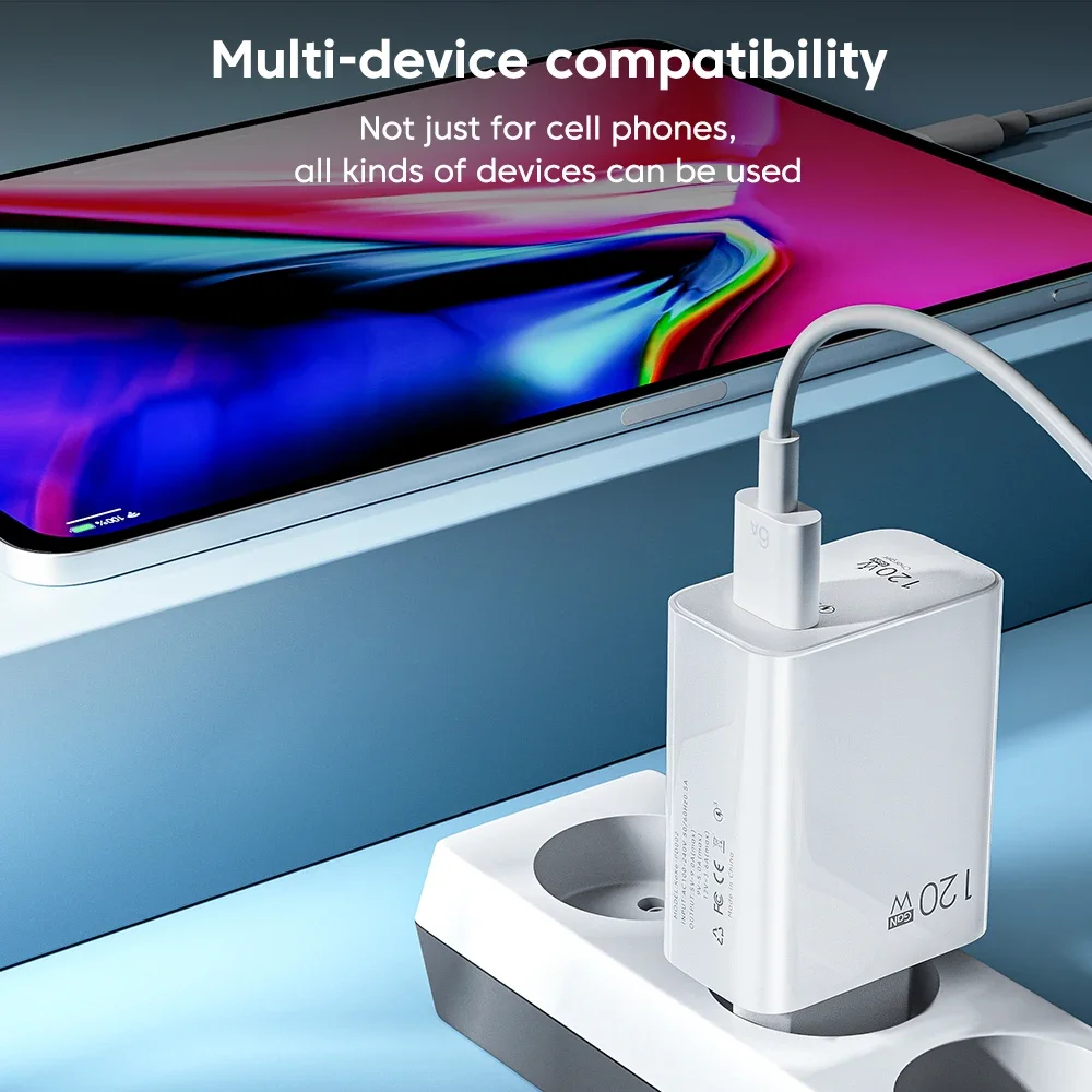 120W GaN USB Charger Fast Charge Adapter With 10A/6A 1m Data Cables For iPhone 15 Pro Huawei Xiaomi Redmi Samsung Phone Charger