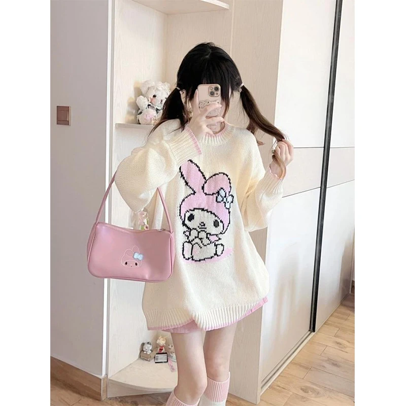 

New Kawaii Sanrios Mymelodys Sweater Printed Cartoon Loose Knit Top Winter Versatile Christmas Girl Birthday Gift For Girlfriend