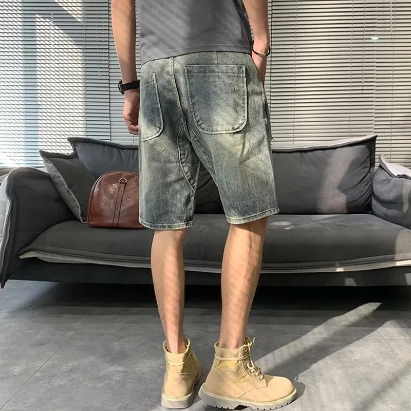 2024 New Summer Perforated Denim Shorts Fashion Men's Business Travel High Quality Street Loose Thin Straight Shorts Light Blue