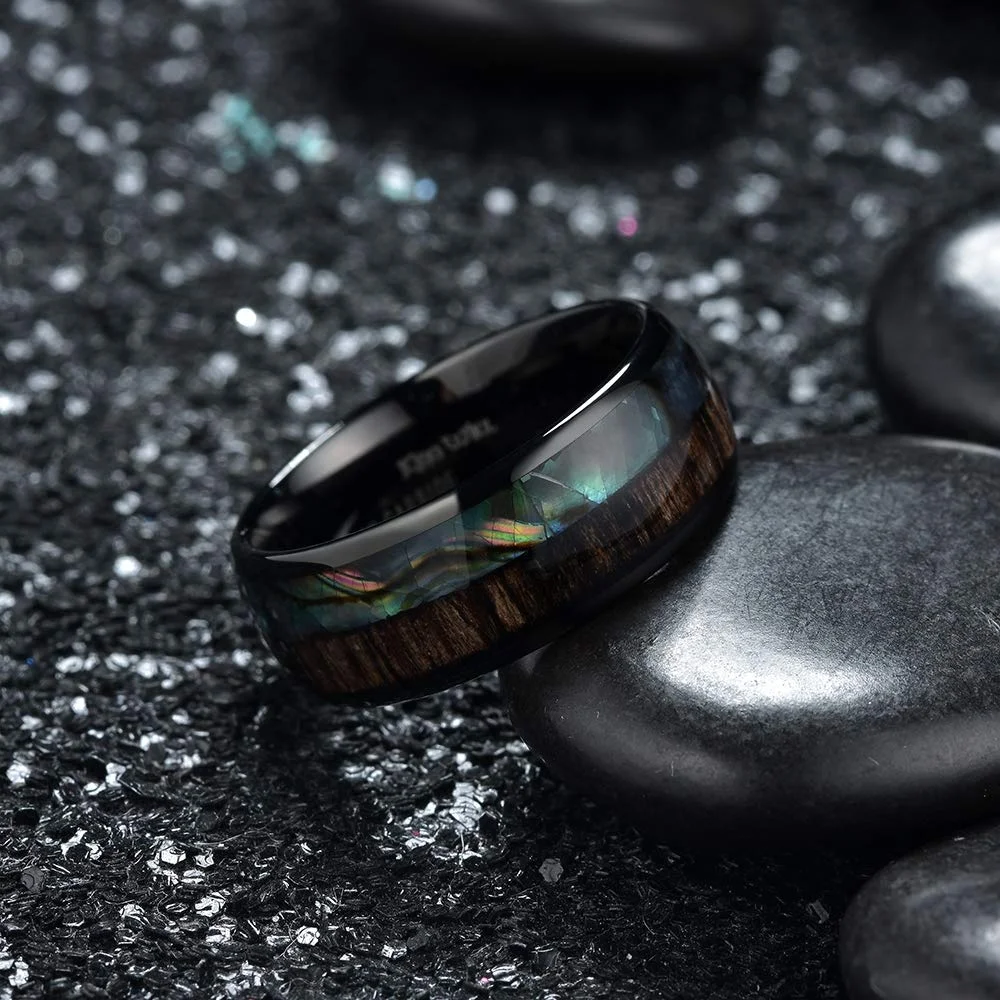 8mm Men Black Stainless Steel Ring Hawaiian Koa Abalone Shell Inlay Engagement Rings For Men Women Wedding Band Jewelry wedding rings finger rings womens ring jewelry rings ring jewelry couple rings