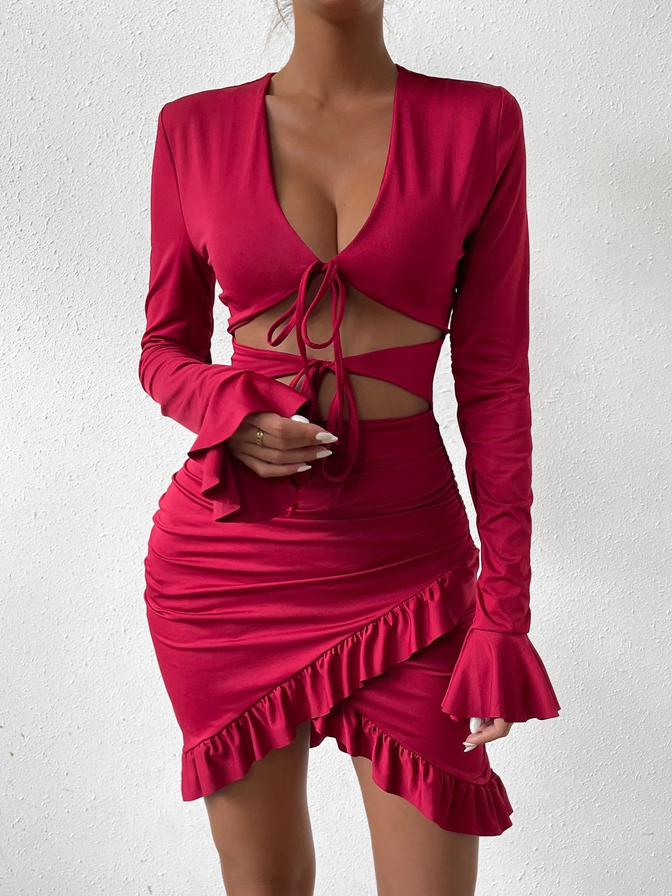 

Sexy Hollow Lace Up Bodycon Mini Dress Women's Flare Sleeves Pleated Slim Fit Wrap Hip Dress Party Club Ruffled Short Skirt